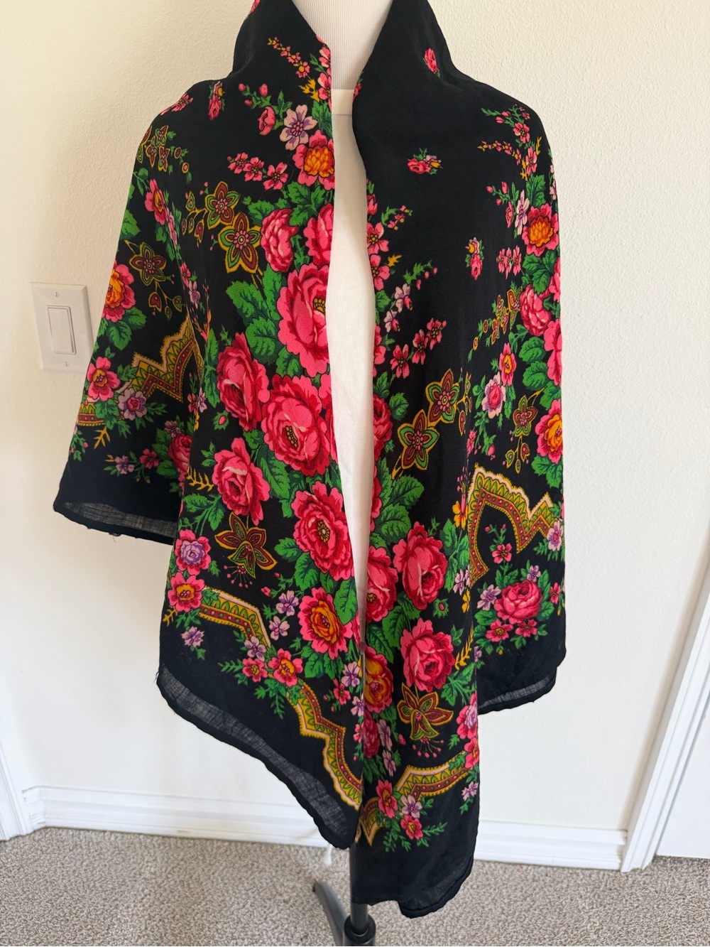 Black Floral Shawl Jacket with Pink Rose Print